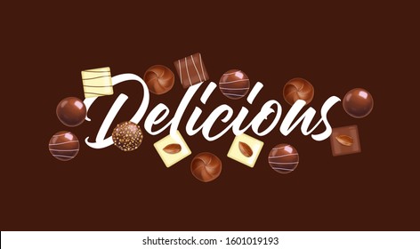 Realistic chocolate set, delicious dessert pattern, valentine's day, love banner, top view chocolate pralines collection, black and white chocolate vector illustration