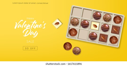 Realistic chocolate set, delicious dessert pattern, valentines day, love banner, top view chocolate pralines collection, black and white chocolate vector illustration