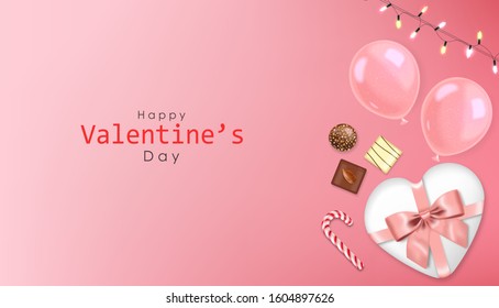 Realistic chocolate set, gift, candy, balloon and lights, delicious dessert pattern, valentine's day, love banner, top view chocolate pralines collection, black and white chocolate vector illustration