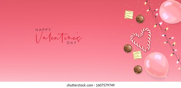 Realistic chocolate set, gift, candy, balloon and lights, delicious dessert pattern, valentine's day, love banner, top view chocolate pralines collection, black and white chocolate vector illustration