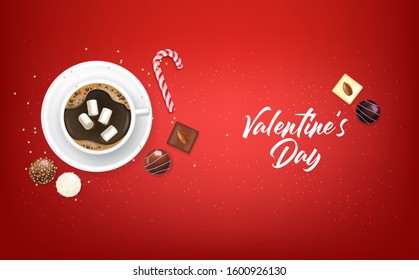 Realistic chocolate set,coffee with marshmallow, delicious dessert pattern, valentine's day, love banner, top view chocolate pralines collection, black and white chocolate vector illustration