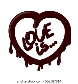 Realistic chocolate shape of heart with splashes. Love is lettering. 3D vector illustration. Banner Valentines day with love. Chocolate dessert. Chocolate Valentine day heart Food and drink.