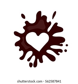 Realistic chocolate shape of heart with splashes. 3D vector illustration. Banner Valentines day with love. Chocolate dessert. Chocolate Valentine day heart Food and drink.