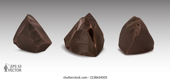 Realistic chocolate slices. Dark chocolate broken, cocoa. 3d realistic vector icon set