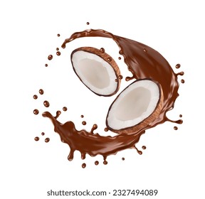 Un chocolate realista salpicado de coco. Bebidas dulces, yogur y chorros de cacao caliente o de cóctel aíslan el goteo vectorial 3d. Bebé de chocolate cayendo salpicaduras de movimiento congeladas realistas con medio coco