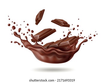 Realistic chocolate splash. Dark cocoa liquid with bars pieces, dessert products motion, cocoa syrup swirl and drops, advertising sweet composition, utter vector isolated concept