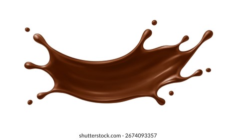 Realistic chocolate splash with drops. Dessert and confectionery concept. Vector illustration