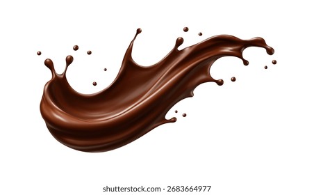 Realistic chocolate splash with drops. Dessert and confectionery concept. Vector illustration