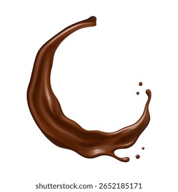 Salpicadura de chocolate realista con gotas voladoras. Concepto de postre y confitería. Ilustración vectorial