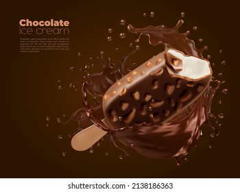 Realistic chocolate splash and ice cream. Vector ad poster with bite choco popsicle with nuts and liquid swirl. Icecream on stick with brown sauce. Sweet creamy dessert, dairy frozen summer food