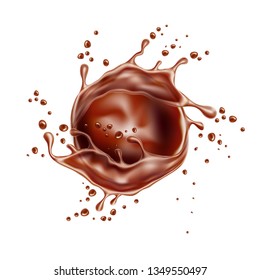 Realistic chocolate splash. Liquid choco swirl, pouring melted cocoa. Delicious sweet dessert flow. Vector splashing cacao motion. Brown drink wave with drops