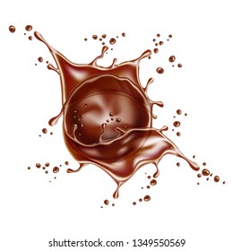 Realistic chocolate splash. Liquid choco swirl, pouring melted cocoa. Delicious sweet dessert flow. Vector splashing cacao motion. Brown drink wave with drops