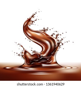 Realistic chocolate splash. Liquid choco swirl, pouring melted cocoa. Delicious sweet dessert flow. Vector splashing cacao motion. Brown drink wave with drops