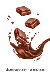 Realistic chocolate splash with milk chocolate bar pieces. Vector sweet liquid pouring with cocoa choco. Sweet dessert food package design. Delicious fluid motion.
