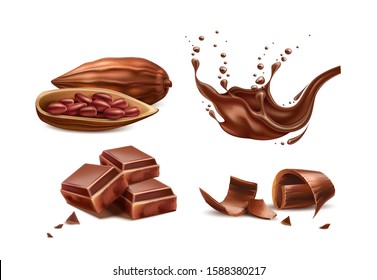 Realistic chocolate splash, milk chocolate shavings, bar pieces, cocoa beans. Vector chocolate objects set. Sweet dessert food package design. Delicious chocolate for natural food products design