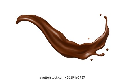 Realistic chocolate splash wave with flying drops isolated on white background. Dessert and confectionery concept. Vector illustration