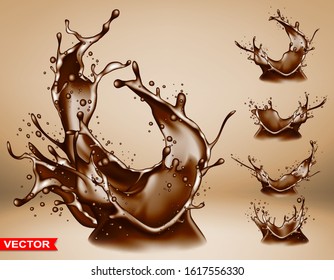 Realistic chocolate splashes, bursts and crown with drops and blots. Pouring liquid on brown background. Layered vector.