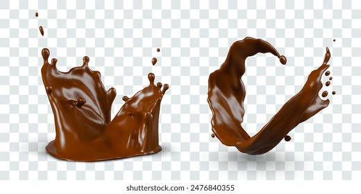 Realistic chocolate splashes of different types. Isolated vector templates