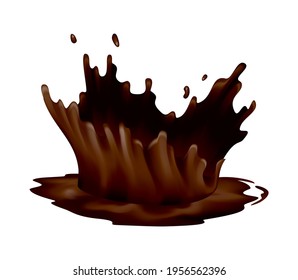 Ensaladas de chocolate realistas. Drogas o flujo de agua de alimentos líquidos de cacao sobre fondo blanco. Plantilla de bebida caliente vectorial. Delicioso chocolate negro para postres de repostería