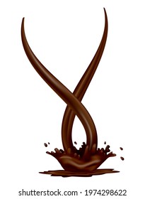 Realistic chocolate splashes. Drops or swirl flow of liquid cacao food on white background. Vector hot drink template. Delicious dark chocolate for confectionery desserts advertisement