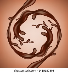 Realistic chocolate splashes flowing in a circle. Vector illustration.