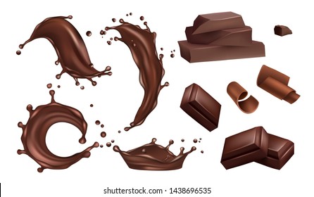 Realistic chocolate splashes, flows and bars vector isolated on white background. Chocolate bar realistic, drop tasty fluid, dessert splash illustration