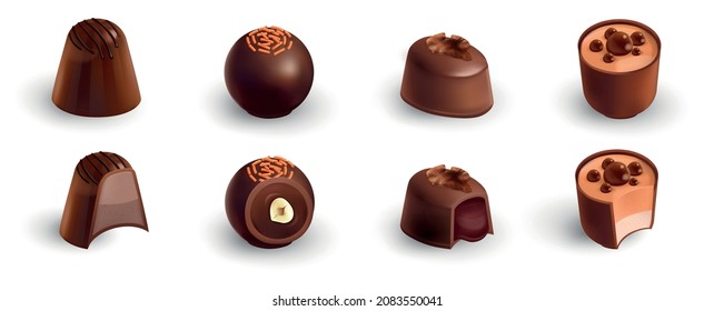 Realistic chocolate stuffed set with isolated icons of ornate choco candies with shadows on blank background vector illustration