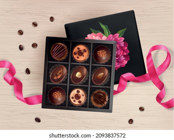 Realistic chocolate top view composition with wooden table pink ribbon and gift box with choco candies vector illustration