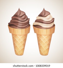 Realistic chocolate and vanilla ice-cream. Food collection. 