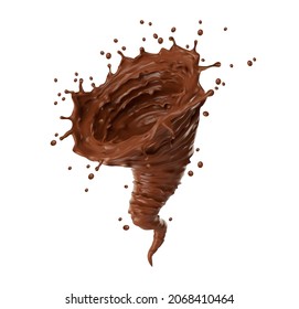 Realistic chocolate whirlwind or tornado twister with splashes, vector cocoa drink. Chocolate, coffee milk and cacao whirl swirl with spatter drops, coco cream drink and sweet syrup liquid flow wave