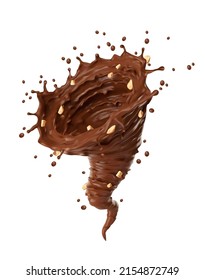 Tornillo de chocolate o tornado realistas y cacahuetes triturados, bebida vectorial de cacao. Tornado de chocolate, leche de café y torbellino de cacao con nueces en torbellino con gotas salpicadas