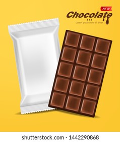 Realistic chocolate and white package isolated, delicious dessert, dark chocolate, yellow background vector illustration