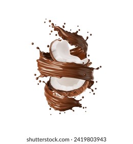 Realistic chocolate yogurt, cocoa cream or milk drink swirl splash with coconut, vector choco food. 3d tropical nut, coconut halves with liquid cacao sauce, yoghurt or milk shake swirling around