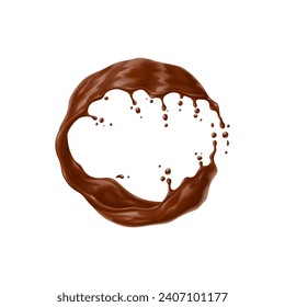 Realistic chocolate yogurt, cream or choco milk drink swirl splash and wave flow. Isolated 3d vector round liquid frame or border. Velvety cocoa forms a mesmerizing circular curl with luscious essence