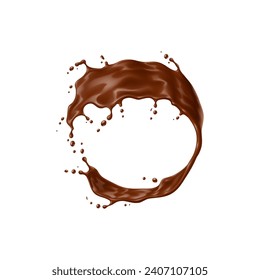 Realistic chocolate yogurt, cream or choco milk drink swirl splash and wave flow. Isolated 3d vector rich, velvety cocoa cascade round frame, decadent treat tantalizes senses with its smooth texture