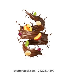 Realistic chocolate yogurt, cream or choco milk drink swirl splash with tropical fruits and sweet cocoa drops. Vector peach, banana and kiwi slices in 3d whirl of melted dark chocolate or youghurt