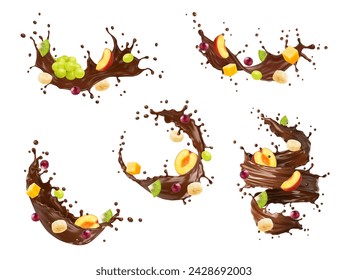 Realistic chocolate yogurt, cream or choco milk drink swirl splash with tropical fruits. Isolated realistic 3d vector flows with an colorful and fresh kiwi, grape, cranberry, peach and mango or banana