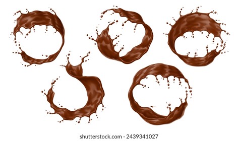 Realistic chocolate yogurt, cream or choco milk drink swirl with splash and wave flow, isolated vector. Cocoa drink or choco syrup flow and spill drops with milky chocolate wave and splashing swirls