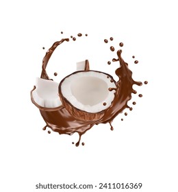 Realistic chocolate yogurt, cream, or milk drink splash with coconut. Isolated 3d vector round wave with halved coco nut tropical plant parts with white ripe flesh and brown liquid splashing and drops