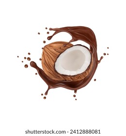 Realistic chocolate yogurt, cream, or milk drink splash with coconut. 3d vector whole coco nut and half with soft white flesh and brown liquid splashing waves. Isolated tropical plant with melt cocoa