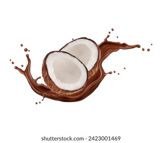 Realistic chocolate yogurt, cream or milk drink splash with coconut, vector sweet food. Isolated 3d halves of tropical palm nut with dark cocoa milk shake, sauce or melted chocolate wave flow