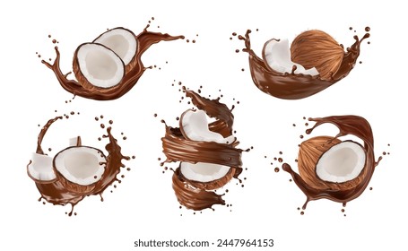 Realista yogur de chocolate, crema o bebida de leche salpicado con coco. Postre de chocolate derretido, bebida de chocolate, salpicadura de Vector realista, yogur de bebida dulce y salpicadura de cacao caliente con coco