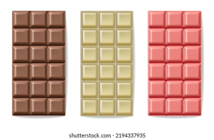 Realistic chocolates set vector, delicious dessert, milk chocolate isolated on white background collection, chocolate packaging mockup