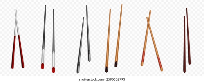 Realistic chopstick collection with different designs - food utensils made from wood, metal and bamboo materials. Traditional Asian dining sticks with decorative elements for oriental cuisine.