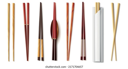 Realistic chopsticks. Asian food tableware. Sushi and rolls bamboo sticks. Japanese or Chinese traditional utensil. Disposable and wooden objects. Oriental dinnerware