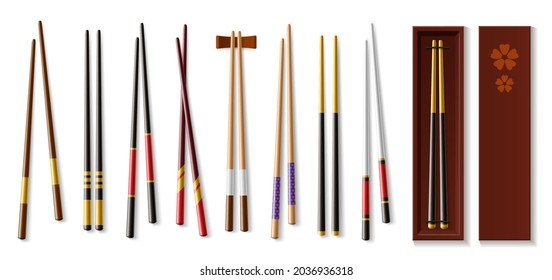 Realistische Stäbchen. asiatisches Geschirr. Traditionelles japanisches oder chinesisches Holzbesteck. Einziger Sushi-Lebensmittelknüppel-Paar. Ständer und Lagerschachtel. Vektororientiertes Kochutensilien-Set