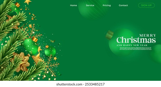 Diseño de fondo de Navidades realistas en color verde con Elementos de Navidades. Plantilla de Navidad natural. Diseño de Anuncio de Web para Navidades alegres con bola, cinta, estrella, luz aislada y nieve. 