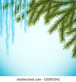 Realistic christmas background with fir tree and icicles , vector illustration