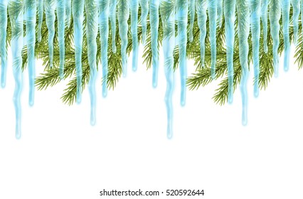 Realistic christmas background with icicles and pine tree, seamless border , vector illustration