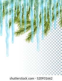 Realistic christmas background with icicles and pine tree, seamless border , vector illustration